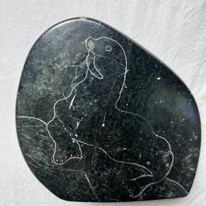 Vintage Inuit Soapstone Carving of Seal & Seal Hunter Signed by Davidee Aculiak